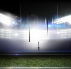 Flat design football goal post is standing on turf with white yard line under floodlight flares