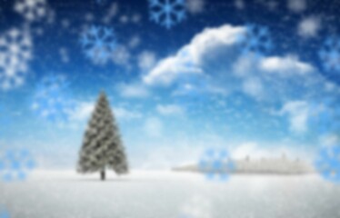 Solitary pine tree is standing on snowfield in flat design amid falling snowflakes with tree line