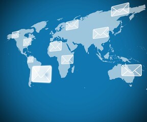 World map with envelopes on blue background