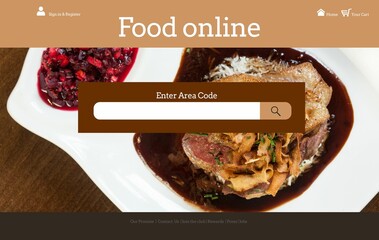 Landing page is featuring flat design with cart icon search field over plate meat dish