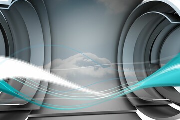 Flowing white-turquoise ribbon lights are sweeping through 3D render tunnel with concentric rings