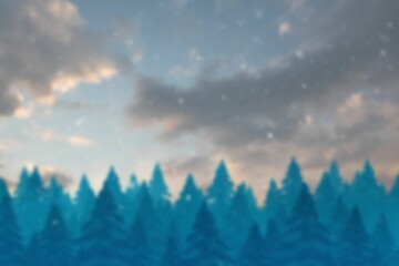 Fototapeta premium Dense conifer silhouettes are filling cloudy winter sky in flat design with drifting snowflakes