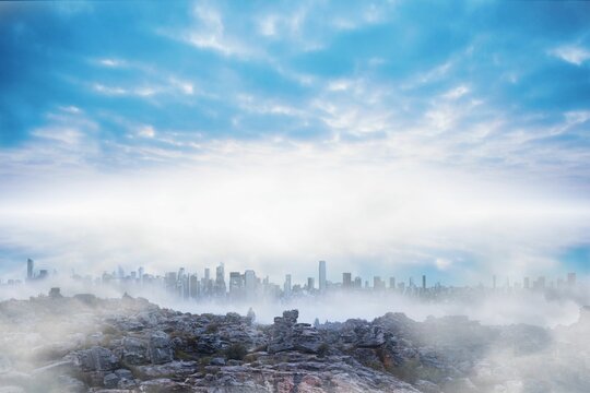 Fototapeta Rocky plateau is emerging through mist in flat illustration showing glowing clouds and skyline
