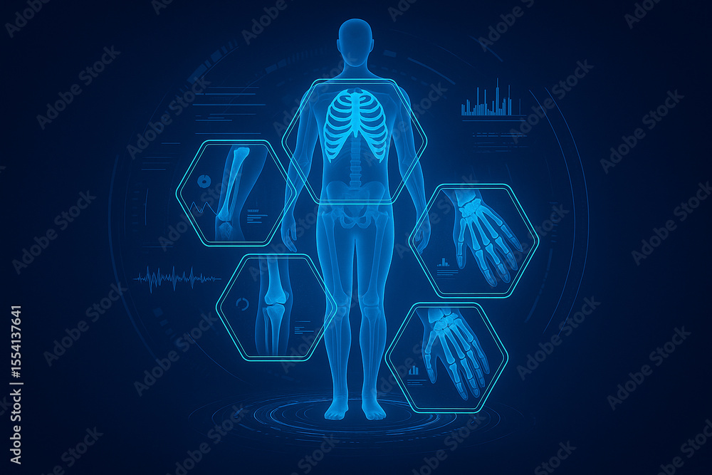 Poster ai generated digital scan of human skeleton with biometric data in glowing blue futuristic hud inter