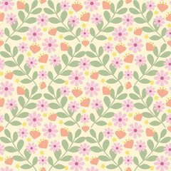 Beautiful colorful flower and leave seamless pattern.Abstract background surface texture background.Nature botanical nordic folk illustration.Vintage design for fabric,summer, spring,celebration,decor