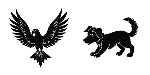 Parrot Spreading Wings Flat Silhouette on White Background