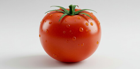 A single red tomato with green stem on a white surface.