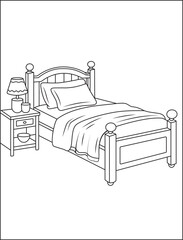 Bedroom Line Art Coloring Page &ndash; Black and White Interior Design Illustration