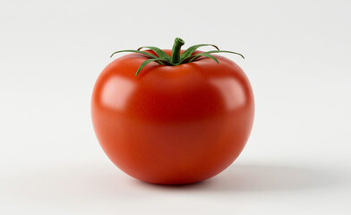 A single red tomato with green stem on a white background.