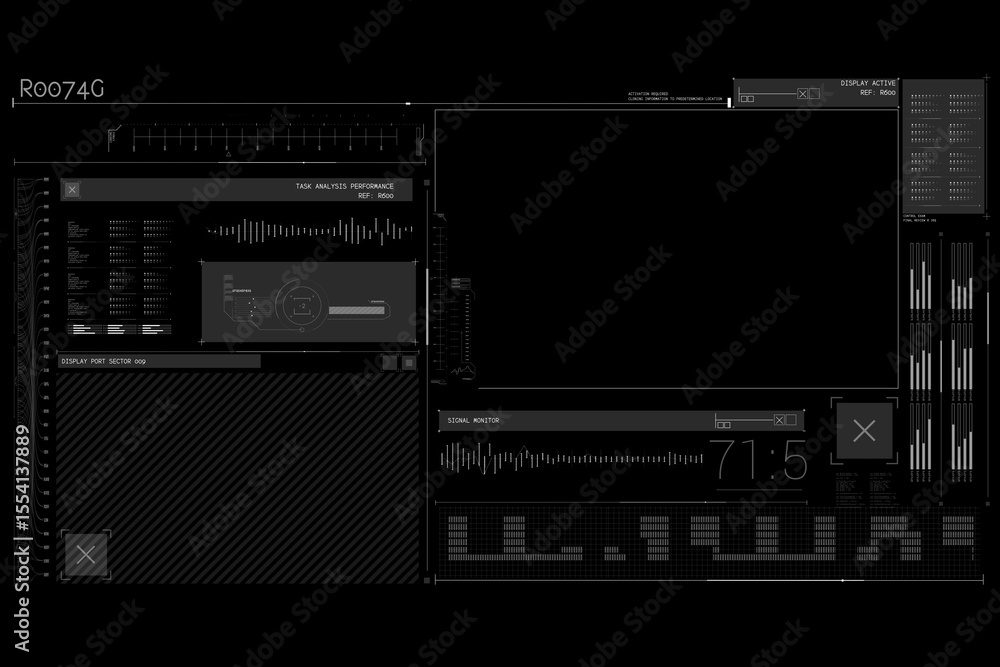 Poster Dark flat UI dashboard is showing main display with analysis chart, waveform monitor and bar graph