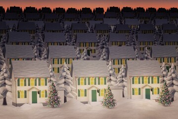 Flat design showing two-story houses with green shutters, decorated trees under snowy dusk sky