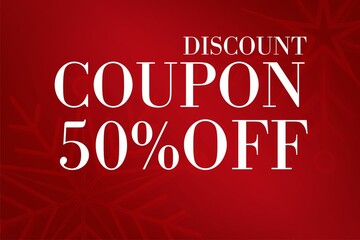 Discount coupon 50% off graphic is showing deep red flat design with snowflake or starburst motifs