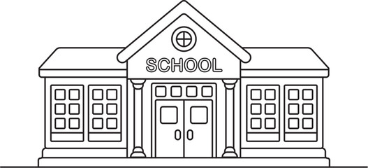 School Building Front View Line Art &ndash; Black and White Educational Coloring Page