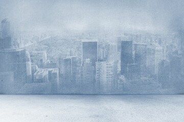 Flat design studio interior featuring textured city skyline mural covering wall with concrete floor © vectorfusionart