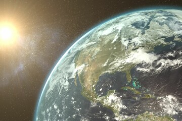 Composite image of rising sun behind Earth