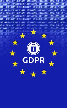 Naklejki GDPR emblem is being shown in digital flat design, with binary code, twelve yellow stars, padlock