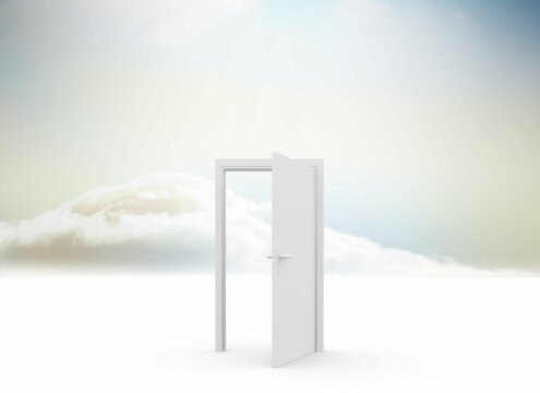Solitary white doorframe is standing open revealing cloud horizon over white plane in flat design