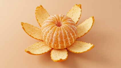 Peeled tangerine with peel segments arranged around it on a beige surface.