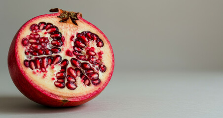 Cut pomegranate showing seeds against a neutral background with soft lighting.