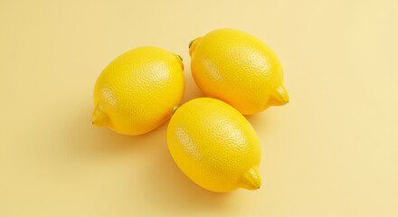 Three yellow lemons are arranged on a yellow surface in a simple composition.