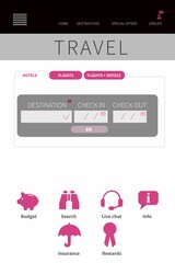 Naklejka premium Travel booking UI is displaying flat design hotels form with destination field, date pickers, icons