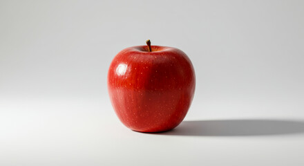 A single red apple stands on a white surface casting a shadow.