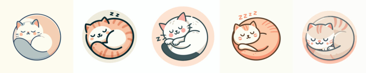 Kawaii Sleeping Cat Collection - Cute Round Cartoon Kitten Clipart for Stickers and Sublimation