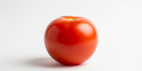 A single red tomato stands against a white background with soft shadow.