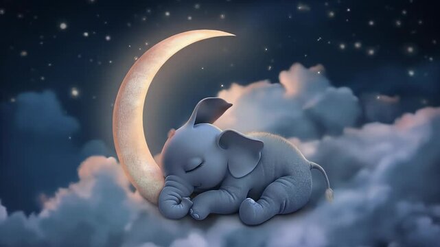 Cute elephant resting on moon above soft clouds
