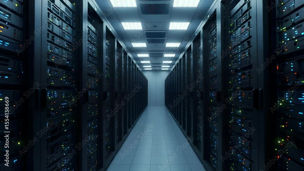 Poster data center corridor with rows of black servers and blinking lights high tech modern it infrastructu