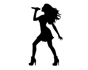 Silhouette of female singer singing, isolated icon on white background.	