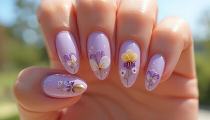 Artistic almond nails with a soft lavender base accented by charming small white and yellow floral illustrations, evoking a whimsical spring meadow.