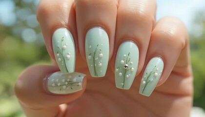 Almond-shaped nails featuring a delicate pastel mint green base with intricate white floral and leaf designs, perfect for a fresh and natural spring look. 