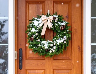 Christmas wreath on wooden door with snow falling