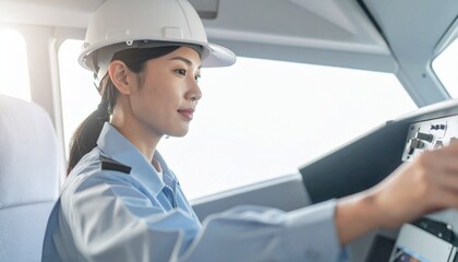 飛行機のコックピットの電子機器を整備をする航空整備士の女性のイメージ　働く女性整備士、エンジニア