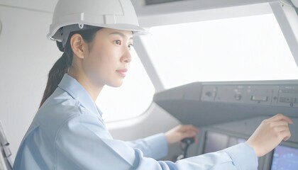 飛行機のコックピットの電子機器を整備をする航空整備士の女性のイメージ　働く女性整備士、エンジニア
