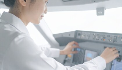 飛行機のコックピットの電子機器を整備をする航空整備士の女性のイメージ　働く女性整備士、エンジニア