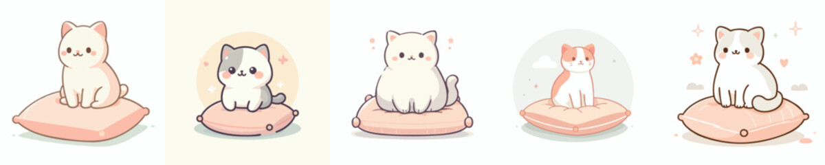 Adorable Kawaii Cats Sitting on Pillows – Cute Pastel Vector Kitten Set for Stickers and Kids Projects