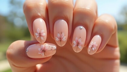 Manicured almond nails showcasing a classic natural nude base with sophisticated white floral lace-like patterns, exuding timeless grace. 