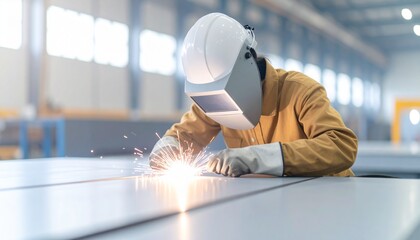 製造工場で火花を飛ばしながら金属の溶接作業をする若い女性溶接工のクローズアップ  働く女性 