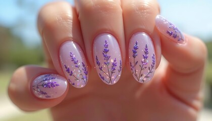 Artistic almond-shaped nails featuring a soft lavender base with intricate white and light purple patterns, evoking a dreamy, ethereal lace effect. 