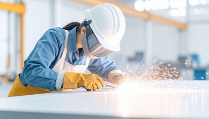 製造工場で火花を飛ばしながら金属の溶接作業をする若い女性溶接工のクローズアップ  働く女性 