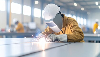 製造工場で火花を飛ばしながら金属の溶接作業をする若い女性溶接工のクローズアップ  働く女性 