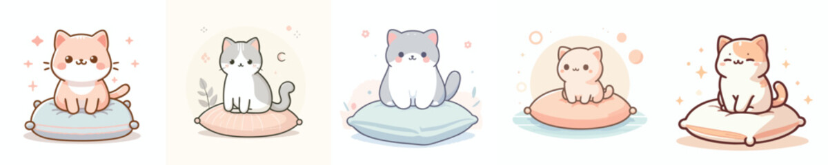 Cute Kawaii Cats on Cushions – Pastel Cartoon Kitten Vector Illustration Set for Stickers and Kids Design