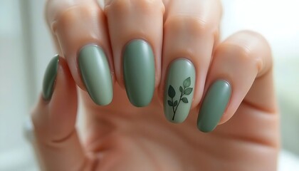 A close-up of a hand with impeccably manicured nails painted in varying shades of matte olive green, with one nail featuring a delicate black leafy branch design, suggesting a modern and natural aesth