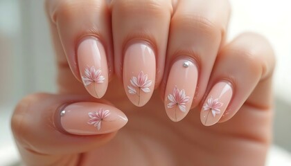 Manicured almond nails showcasing a classic natural nude base with sophisticated white floral lace-like patterns, exuding timeless grace. 