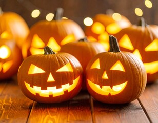 Close up of carved pumpkins with glowing interiors