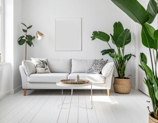 Scandinavian living room interior with soft natural lighting, minimalist furniture