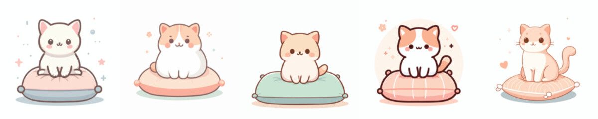 Kawaii Cute Cats Sitting on Pillows – Pastel Kitten Vector Clipart Pack for Stickers and Kids Designs