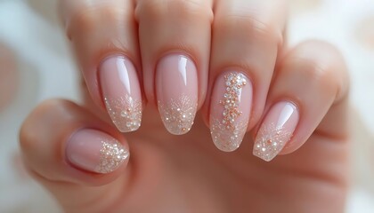  Elegant close-up of almond-shaped nails with a soft, natural nude pink base, featuring a delicate sprinkle of fine glitter on some nails, adding subtle sparkle. 
